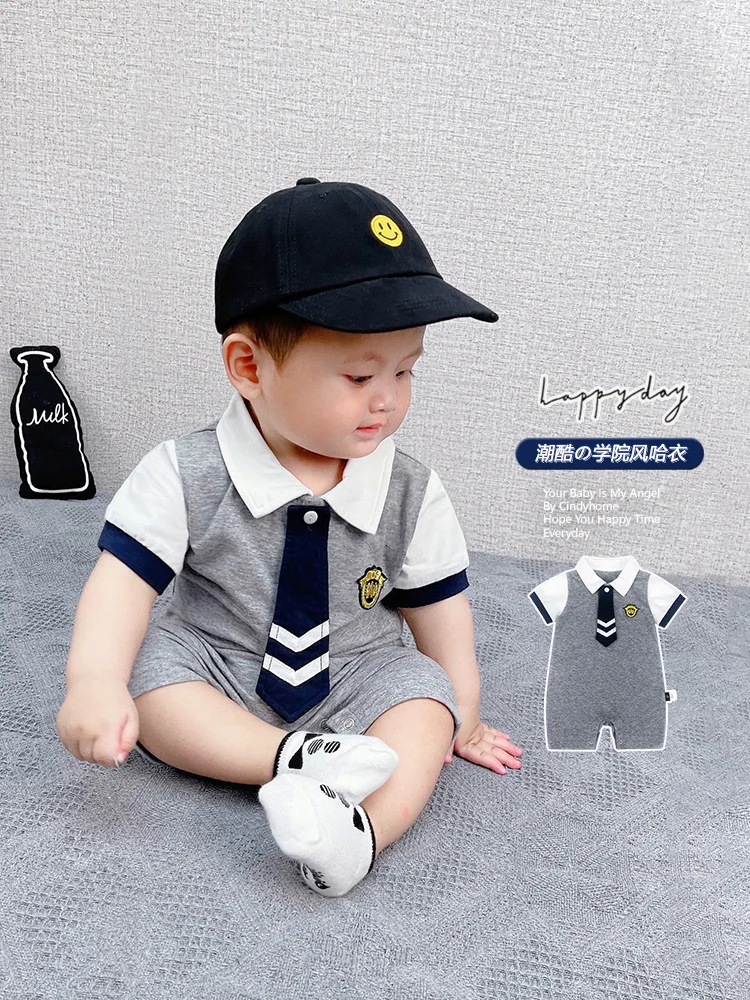 Cotton Newborn Baby Boy Short Sleeve Jumpsuit Romper Overall Handsome Gentleman Clothes 0-12 Months baby costume  ropa de bebe