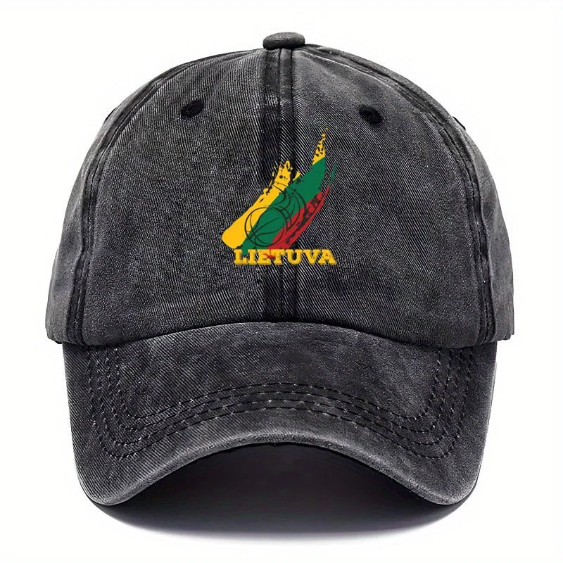 1 Vintage Washed Baseball Cap with a Stylish Lithuanian Basketball Print Design, Adjustable Dad Hat, Multi-Colored with a Distressed Look - Washable, Trendy Accessory for Everyday Wear, Peaked Cap, European and American Style
