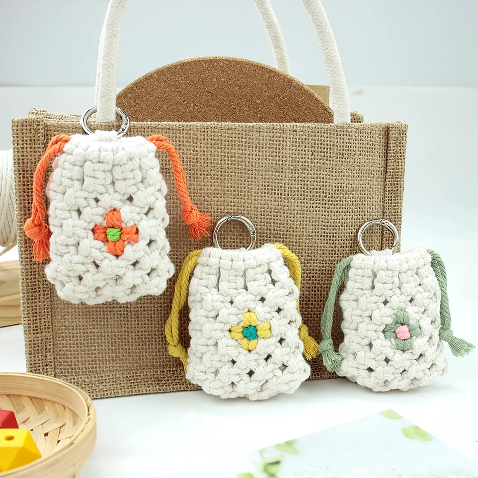 Boho Daisy Earphone Storage Bag Macrame DIY Kit Polyester Handmade Woven Pouch Multicolor Portable Key Ring Craft Set for DIY view 5