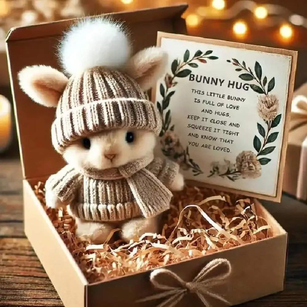 Милый пасхальный подарок, мини-кролик, плюшевый кролик с вязаной шапкой и мягким карманом, эмоциональная поддержка кролика с подарочной коробкой, карточкой