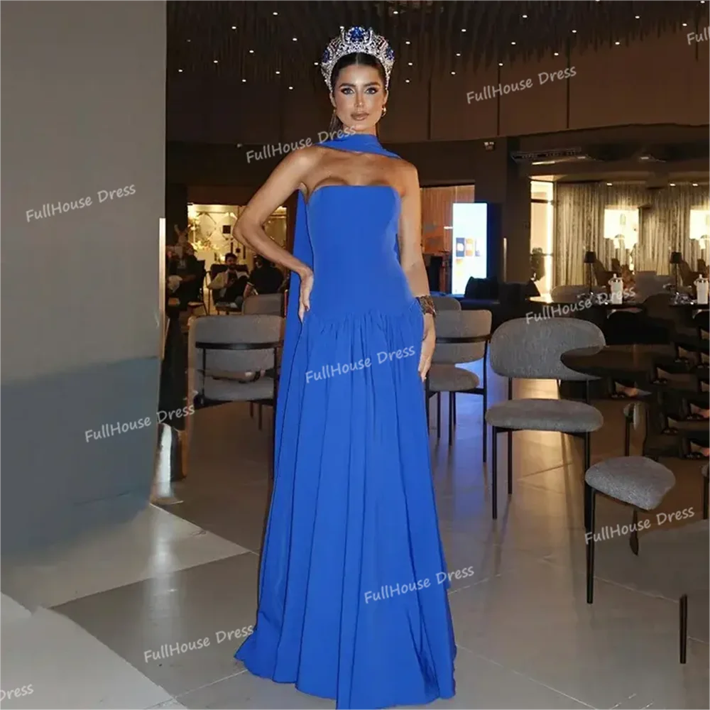 

Custom Made Simple Boat Collar Chiffon Flowing Straight Evening Gown Pleated Backless Floor Length Bridal Prom Dress with Shawl