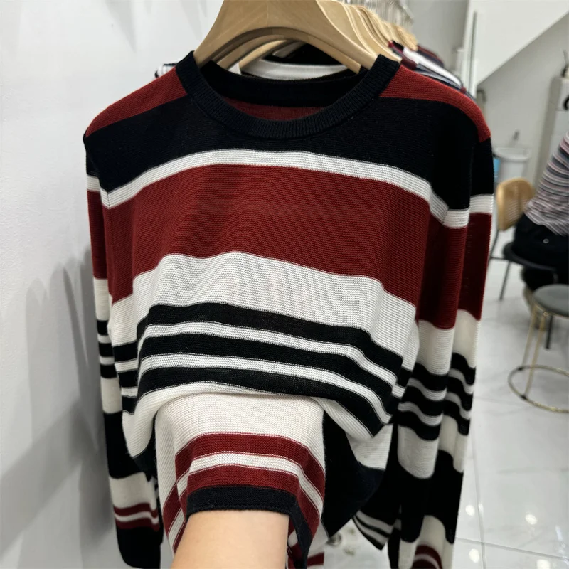 Autunno Inverno Nuova versione coreana Sle Maglione a righe Lungo Sve Top lavorato a maglia Design Sense Faion Premium Quali da donna