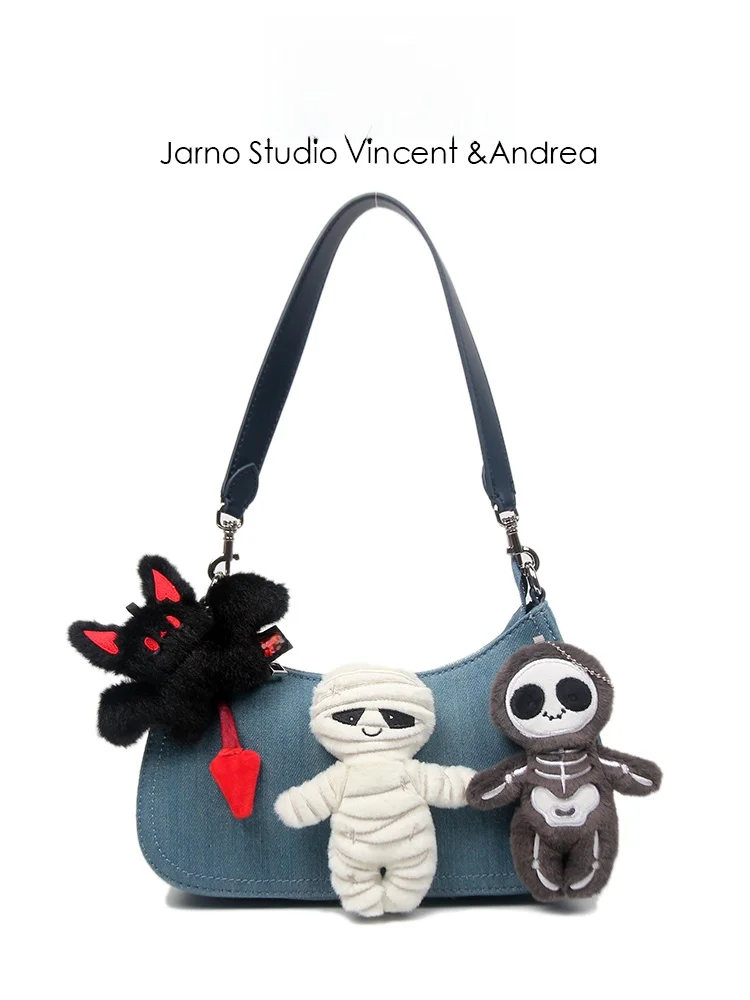 

Spring 2026 Cute Cool Dark Plush Doll New Style Single Shoulder Denim Underarm Bag Women Slant Cross Two Use Small Size Hobo Bag