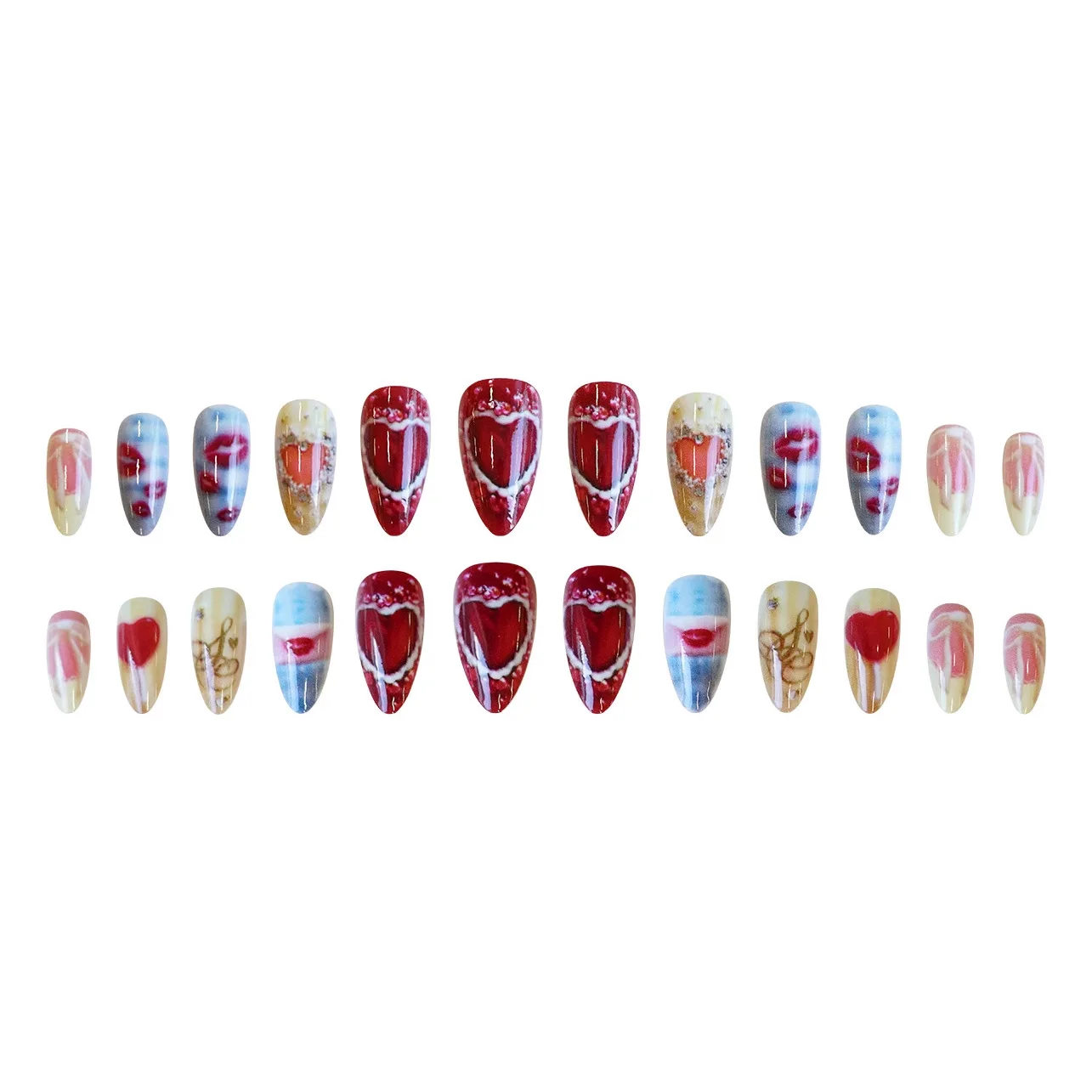 24 pièces battement de coeur lèvres impression presse sur ongles nœuds papillon amour coeur conçoit coloré amande faux ongles épicé fille Valentine faux ongles
