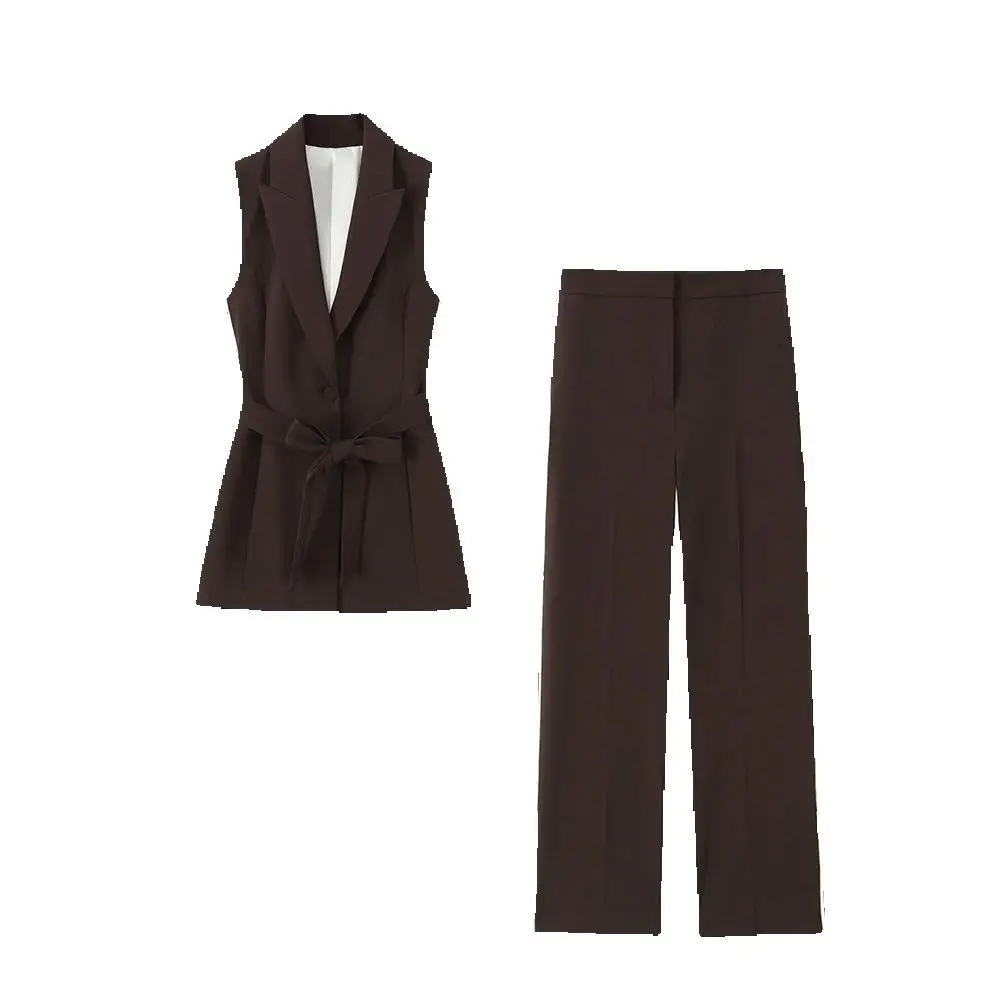 

Осенний новый продукт в европейском и американском стиле, женская одежда, полосатый пояс сбоку, украшение, длинный жилет, брюки со средней талией