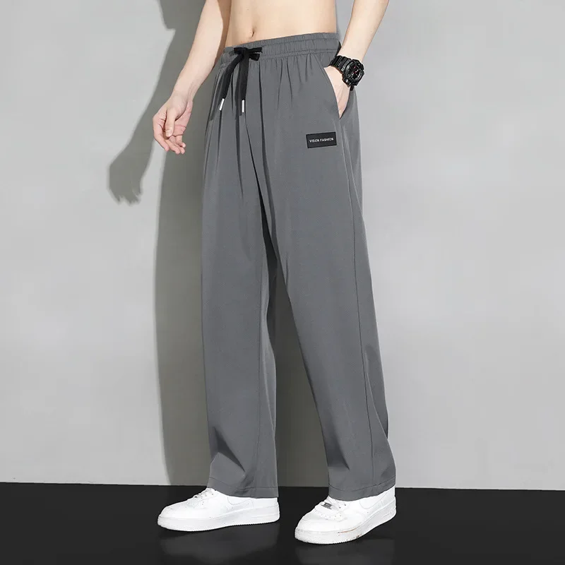 Men Drawstring Casual Pants Loose Drape Wide-leg Athleisure Pants Men Summer Thin Quick-drying Trousers Ice Silk Straight Pants