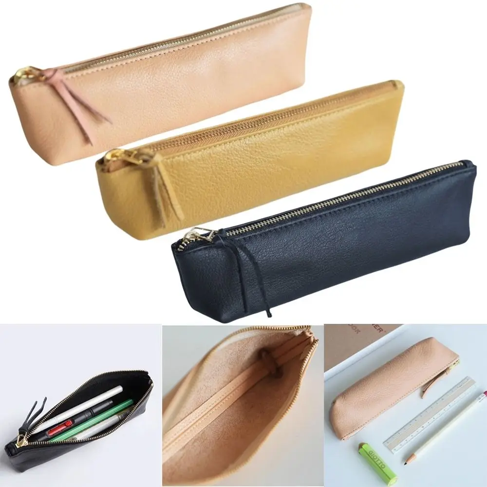 Portable PU Leather Pen Bag Zipper Closure Retro Simple Pen Case Stationery Holder Student Use