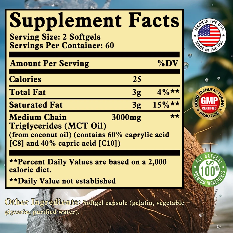 Organic MCT Oil 3000mg - Supports Energy and Endurance, Healthy Weight Management, Inflammation