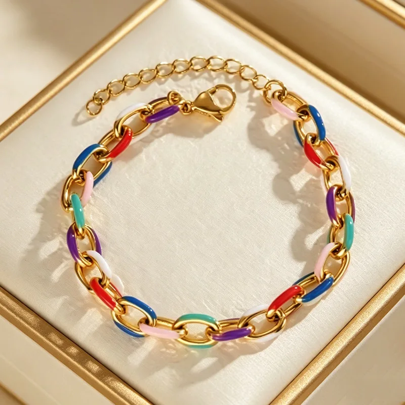 Stainless Steel Colorful Enamel Chain & Link Bracelets Trendy Gold Plated Colorful Glazed Charm Bracelet Jewelry Gift For Women