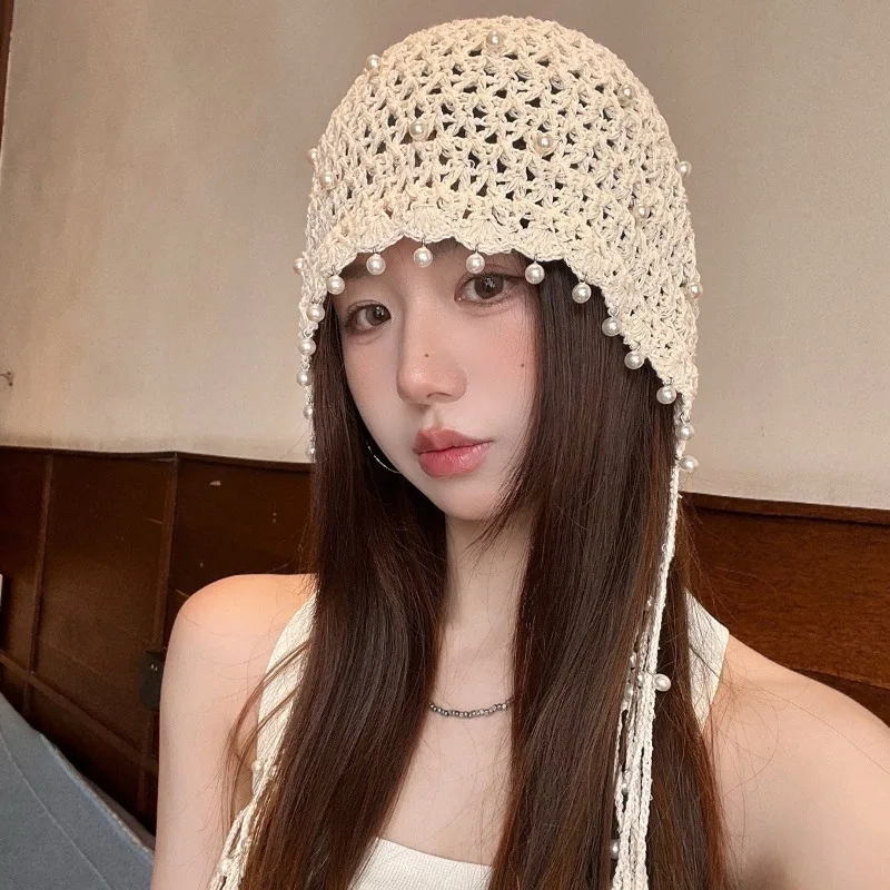 الخريف والشتاء اللؤلؤ قلادة شرابة جوفاء خارج قبعات منسوجة خمر السفر الزي بيني الأغطية للنساء #2