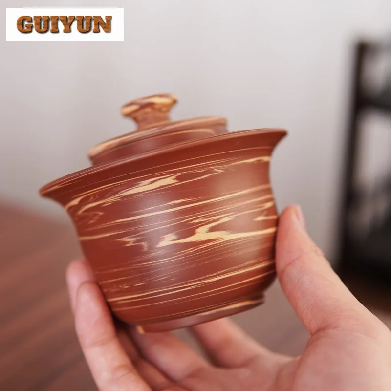 200ml Handmade Raw Ore Mixture Twist Gaiwan Qinzhou Nixing Pottery Teapot Hand Held Bowl With Full Hole Filter Tea Tureen Teaset