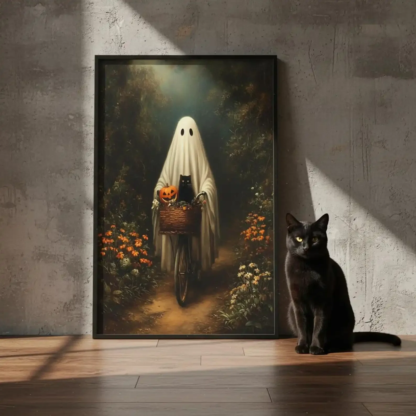Frameless canvas paintings,Vintage Ghost on Bike Halloween Poster – Cute Spooky Ghost with Black Cat & Pumpkin Canvas Wall Art P