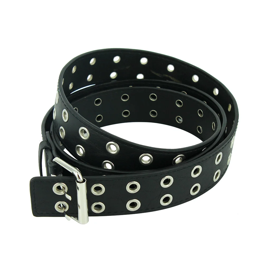 Fashion Women Punk Chain Belt Adjustable Black DoubleSingle Eyelet Grommet Metal Buckle Leather Men Waistband For designer Jeans