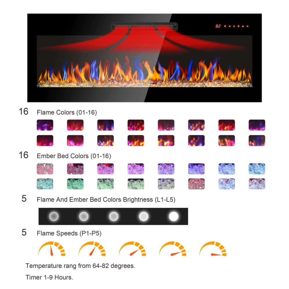 36 inch recessed ultra thin tempered glass front wall mounted electric fireplace with remote and multi color flame & emberbed