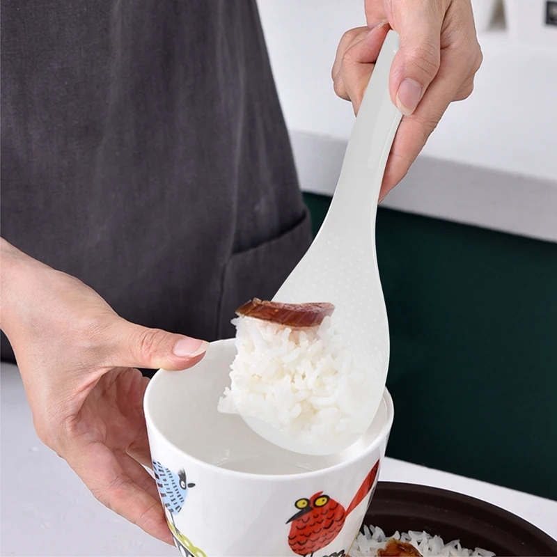 Kitchen Dotted White Plastic Flat Rice Scoop Paddle Meal Spoon