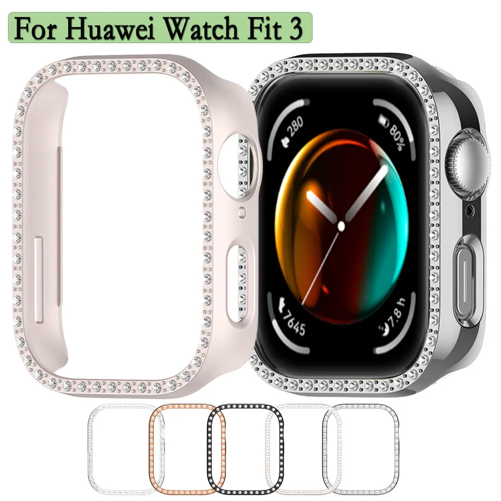 لساعة Huawei Watch Fit 3، غطاء مجوف، غطاء حماية صلب من البولي كربونات مع زخرفة ماسية بلاستيكية لساعة Huawei Watch Fit 3
