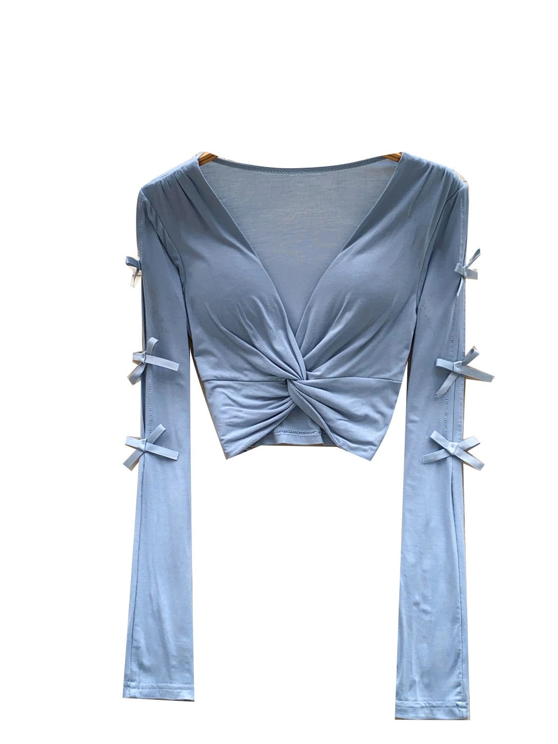 เสื้อยืดคอวีทรงยาวสไตล์เกาหลี ดีไซน์ผูกโบว์เว้าช่วงเอว ช่วยพรางหุ่น แฟชั่นลำลองสำหรับผู้หญิง