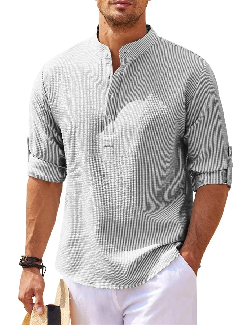 Camisa de tecido xadrez de abacaxi masculina, gola alta, pulôver de emenda de botão, blusa solta de manga longa, tops casuais diários masculinos, outono