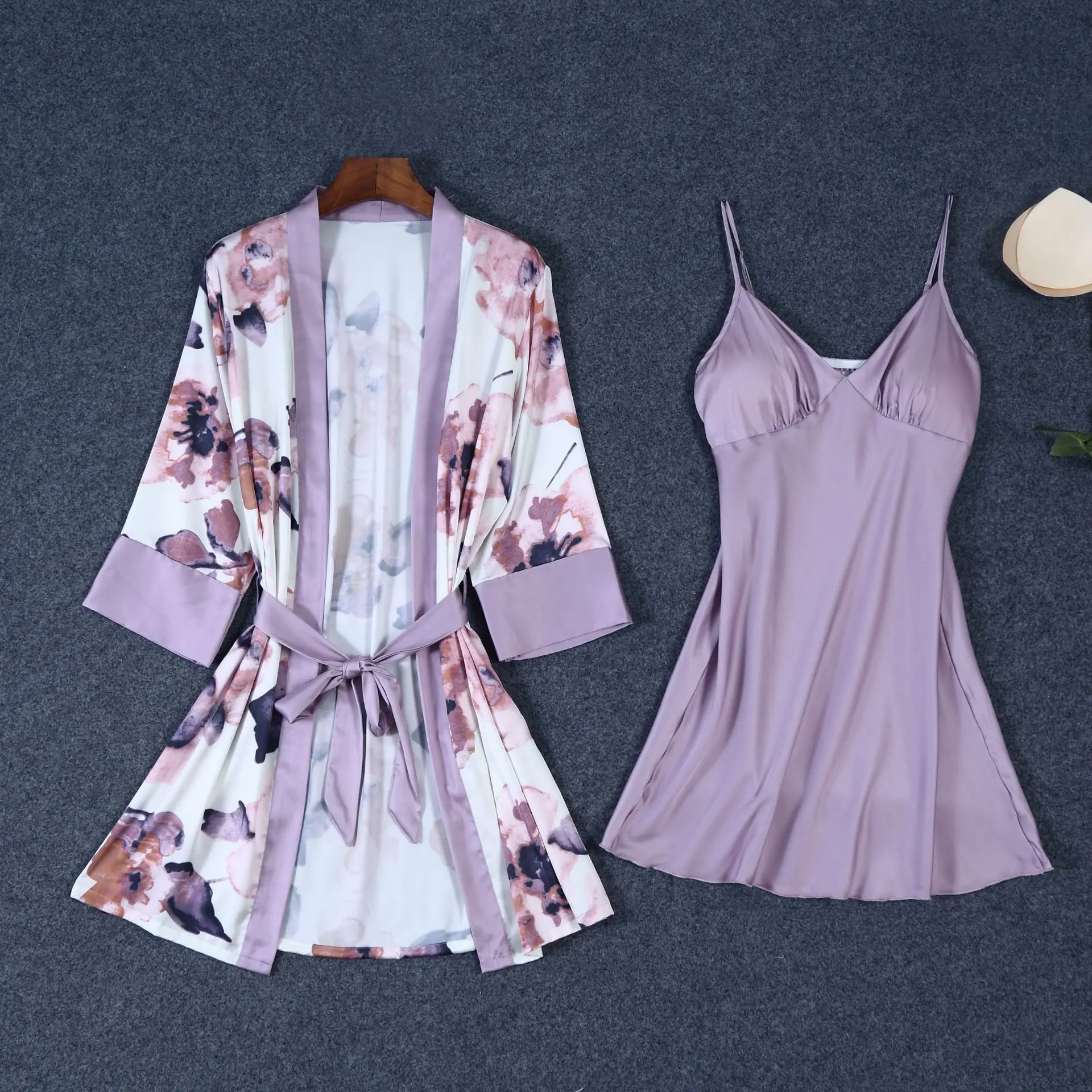 Sexy Ice Silk Sleep Dress Nightgown Printing Flowers Cardigan Kimono 2Pcs Sleep Suit Robe V Neck Homedress Home Clothing