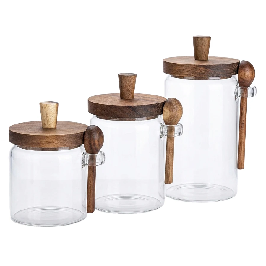 Glass Storage Jar With Airtight Wooden Lid & Attached Wooden Spoon, High‑Borosilicate Clear Glass Canister for Coffee Bean Tea G