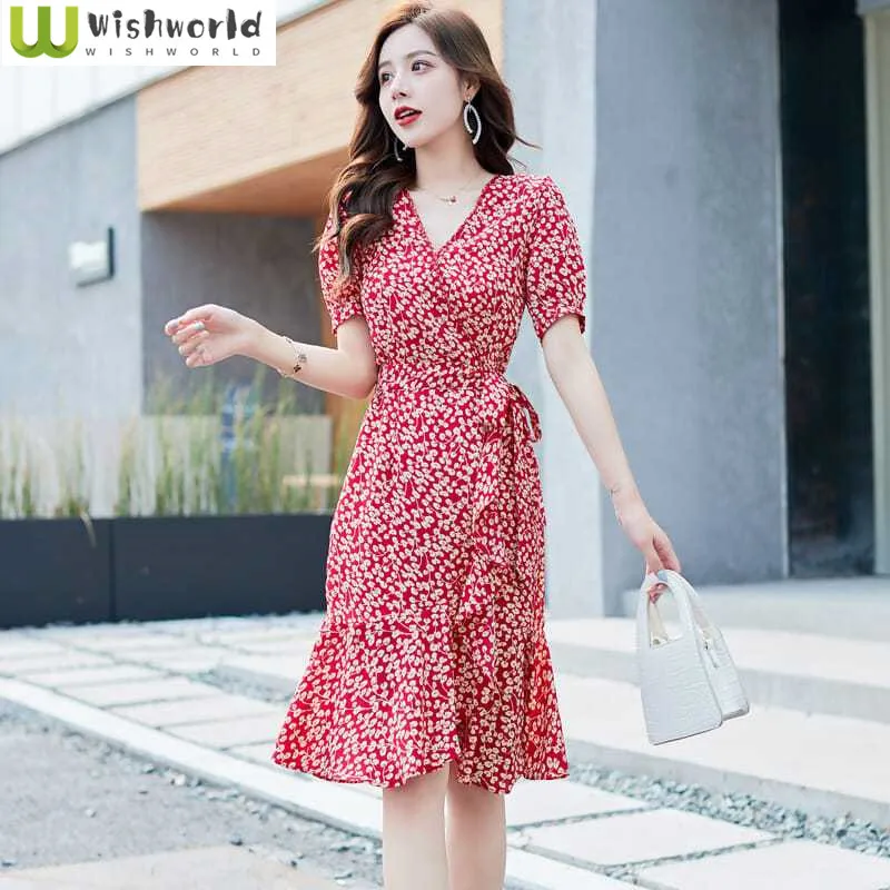 

French Retro Slim Fit Dress 2024 Spring/Summer New Collection Waist Slimming Style Printed V-neck Chiffon Dress