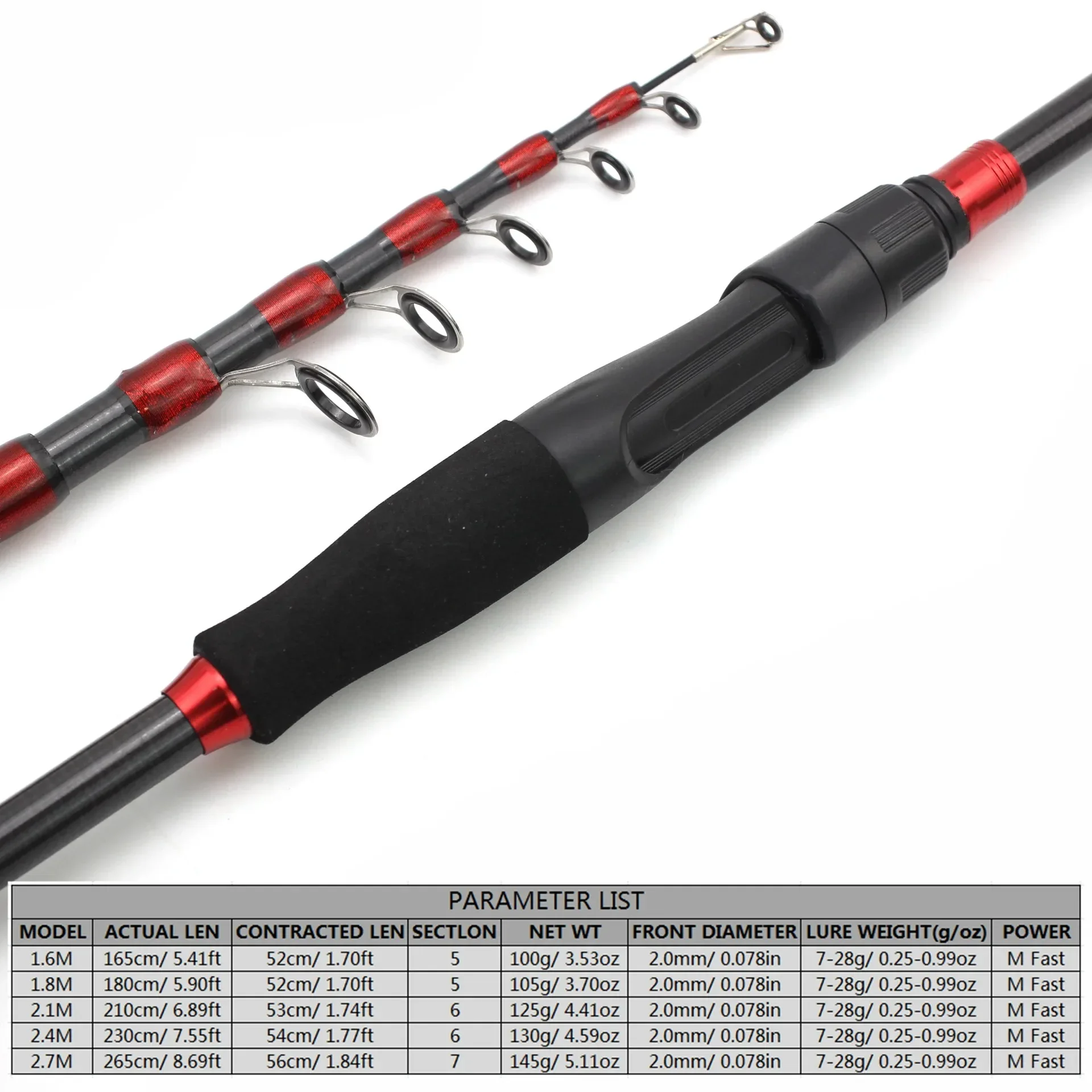 1.65M 1.8M 2.1M 2.4M 2.7M Portable Lure Spinning Rod Carbon Lure Trout Rod Telescopic Travel Fishing Fast Pole Lure Weight 7-28g