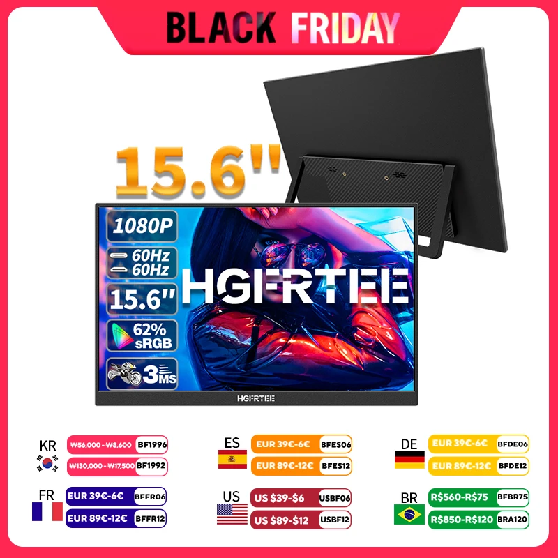 HGFRTEE 15.6inch Portable Monitor FHD-IPS Panel Second Screen for Laptop Gaming Extended Display with Type C HDMI