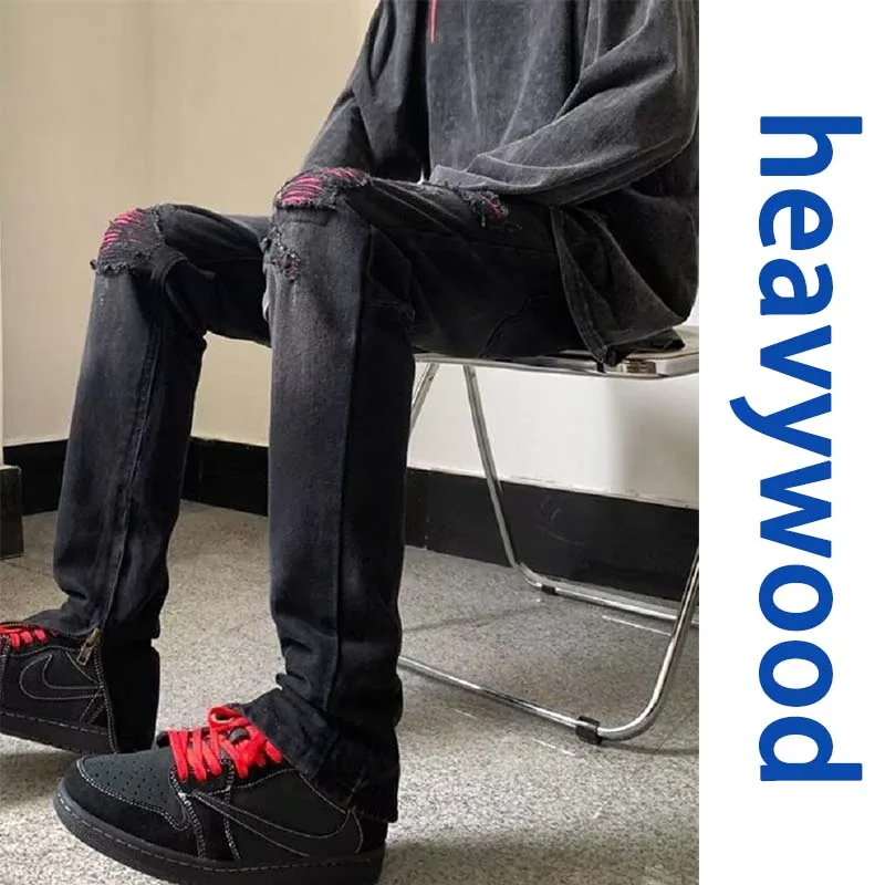 

Men Y2k Stretchy Skinny Denim Jeans for Men Casual Pants Ripped Patchwork Hole Slim Fit Denim Hip Hop Black Straight Trousers