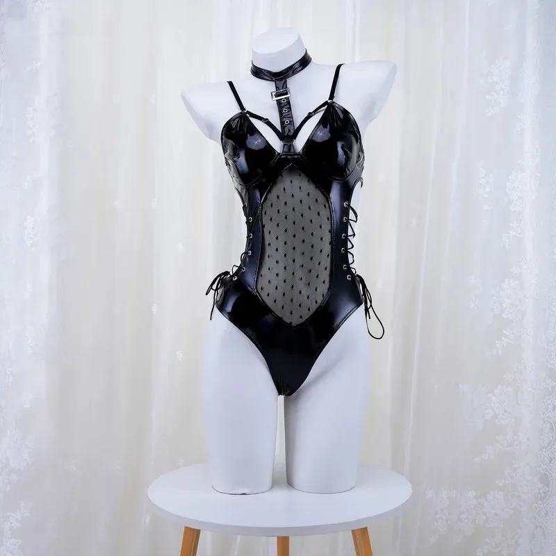 

Sexy Bandage Pu Dot Bodysuit Cosplay Bunny Girl Costume Patent Leather Roleplay Outfit Nightclub Party Playsuit Lingerie jk;6