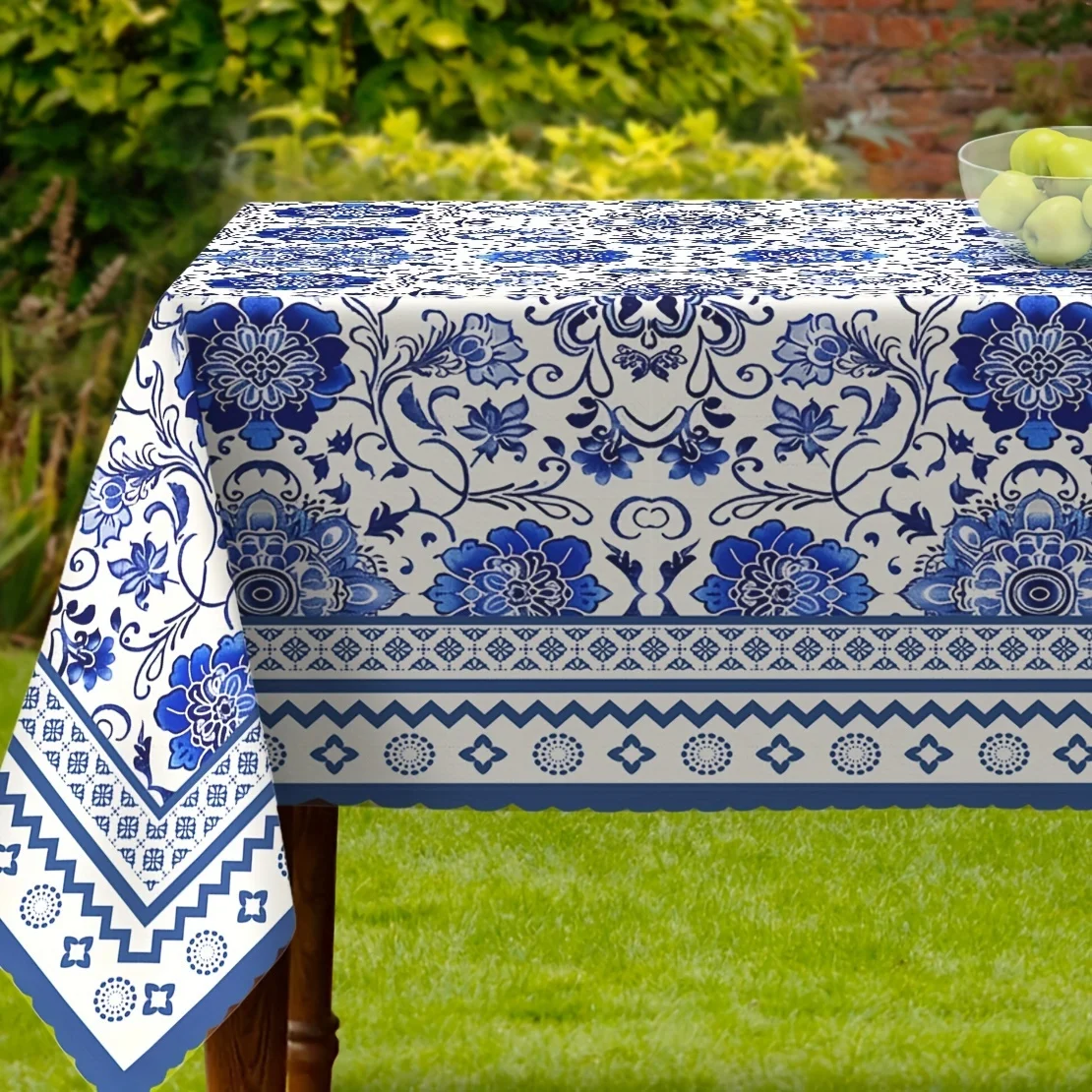 Blue Ceramic Flowers Design Rectangle Tablecloth Table Decor Reusable Farmhouse Kitchen Dining Tablecloth Holiday Party Decor