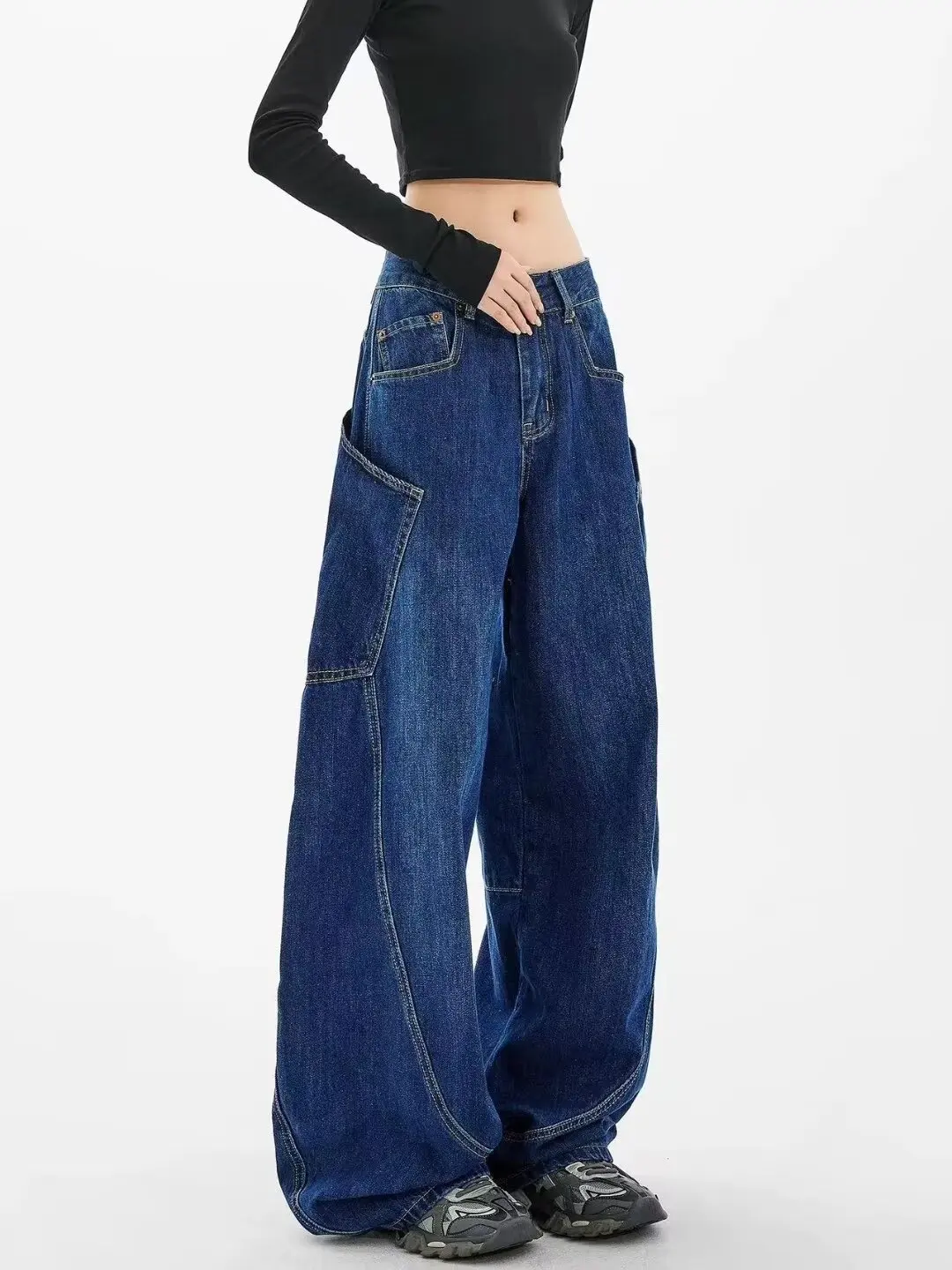 Vintage y2k denim calças compridas mulheres jeans calças de perna larga fino ajuste cintura alta calças retas streetwear casual splice jeans