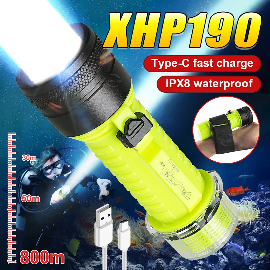 Super bright Underwater Lantern XHP190 Rechargeable Professional Diving Flashlight 18650 Diving Torch IPX8 Waterproof Lantern