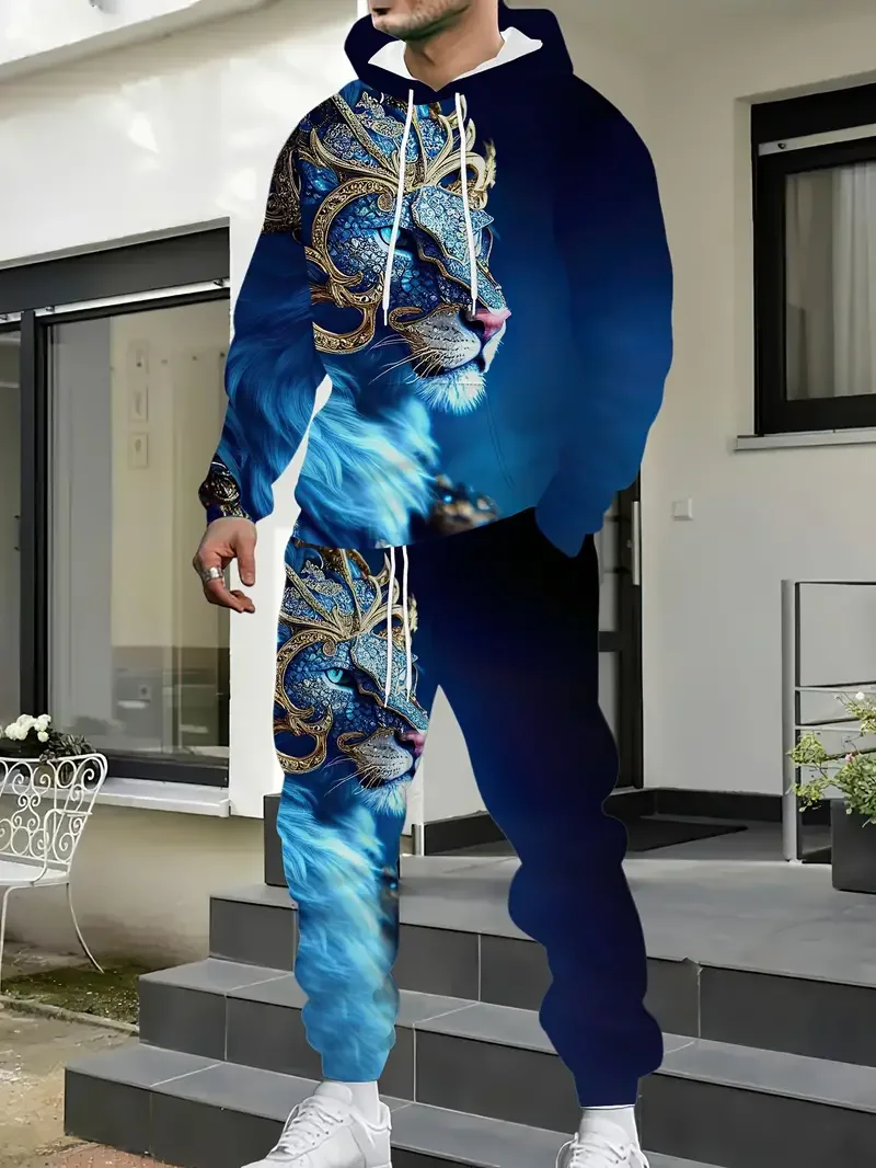 Herfst Dier Leeuw 3D Gedrukt Hoodie Pak Mannen Sweatshirts Hoodies Joggingbroek Casual Mode Tweedelige Trainingspak Set Man Kleding