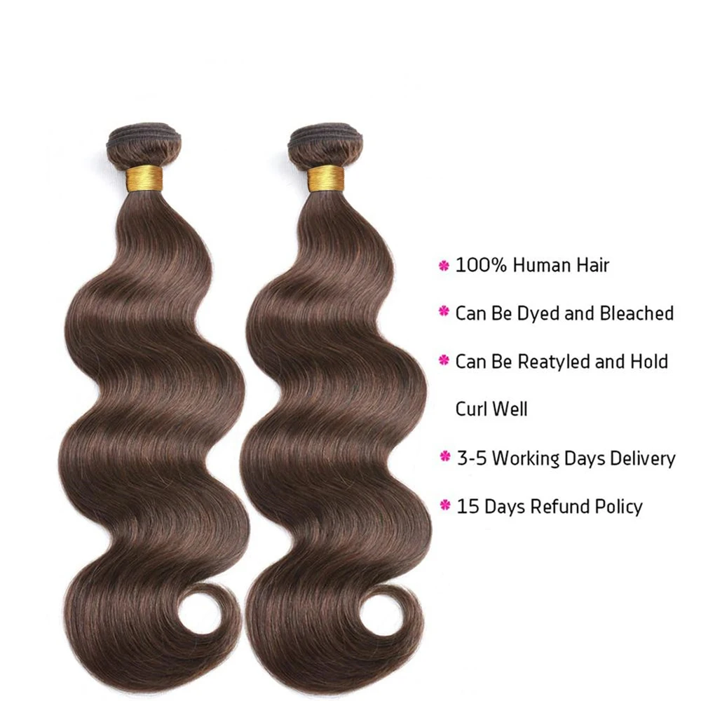 Chocolate Brown Human Hair Bundles With Closure #4 Colored Human Hair Body Wave Bundles With 13x4 Lace Frontal Closure Extension