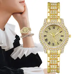 Luxury Women Gypsophila Diamonds Roman Design Gold Quartz Watches Fashion Set Stainless Steel Bracelet Watch Strap Gift Clock