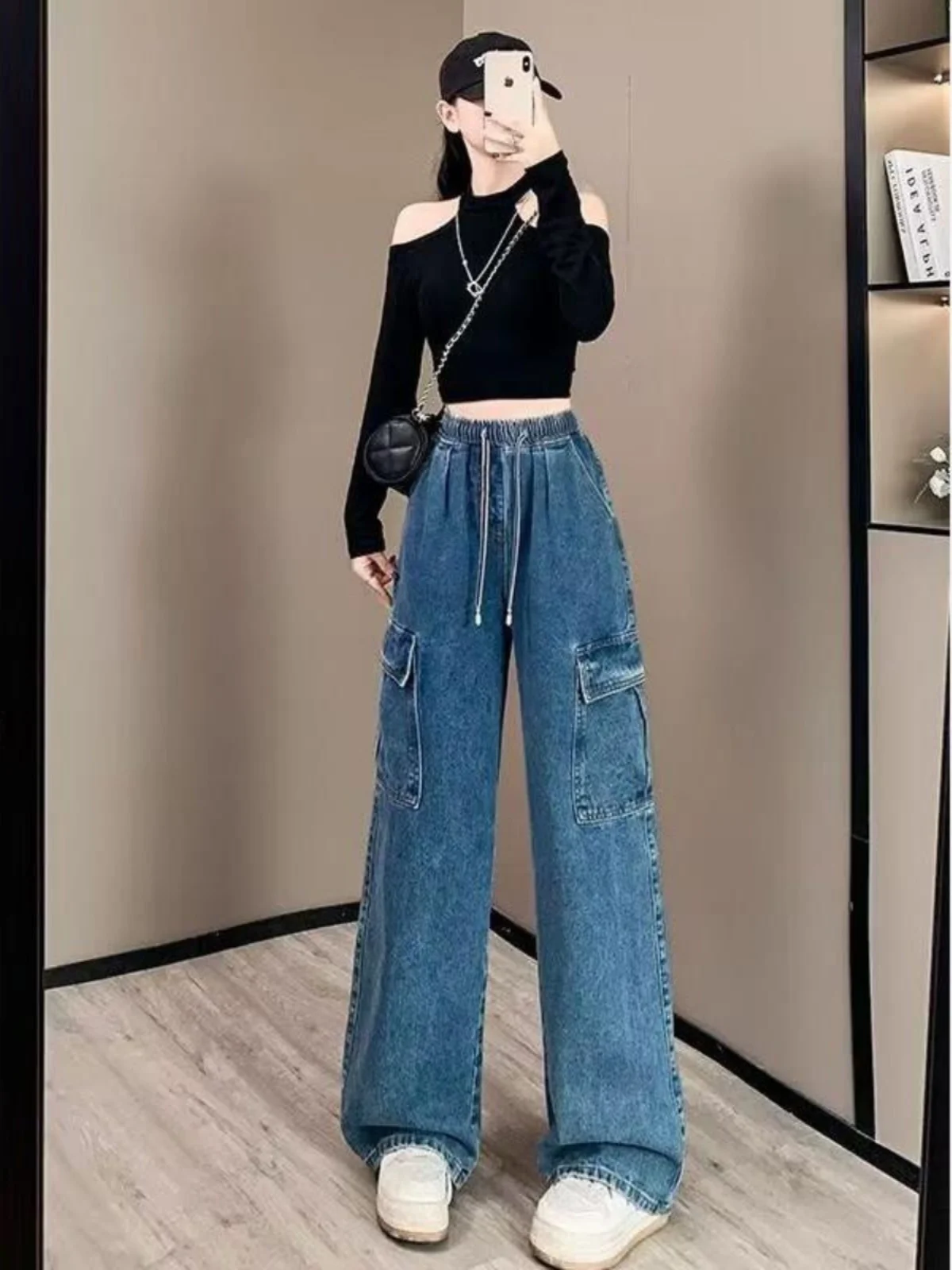 American Style Retro Straight Leg Multi Pocket Denim Jeans Women's Spring Autumn New Elastic Waist Loose Wide Leg Casual Pants