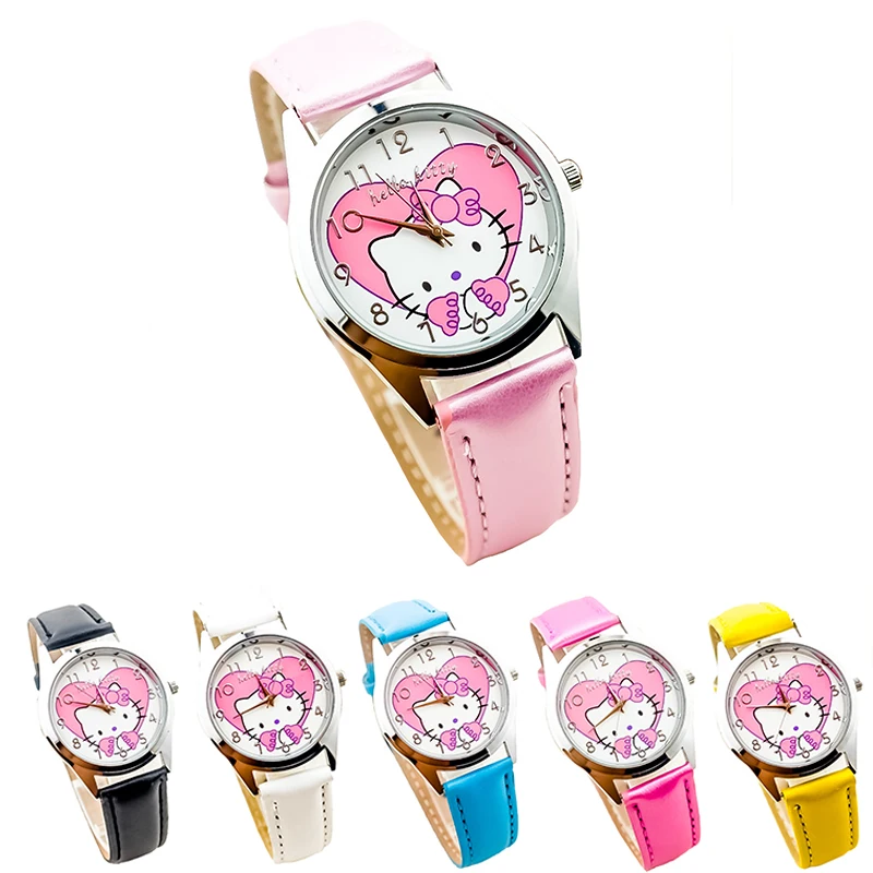 Miniso Anime Cartoon Sanrio Hello Kitty Round Quartz Girls Student Watch Fashion Women Leather Belt Wristwatch Christmas Gifts