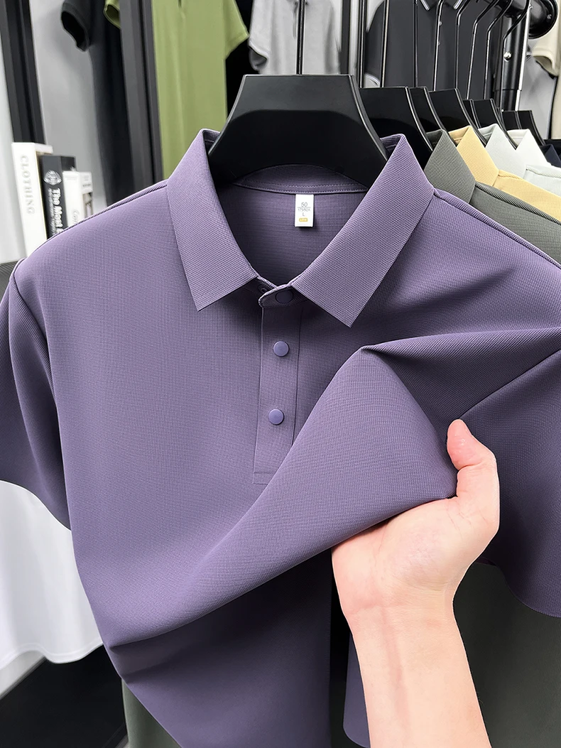 Hochwertiges Eisseide-Kurzarm-Poloshirt für Herren, klassisches einfarbiges, atmungsaktives Business-Casual-T-Shirt, neues Luxus-Oberteil für den Sommer. – Detail 24