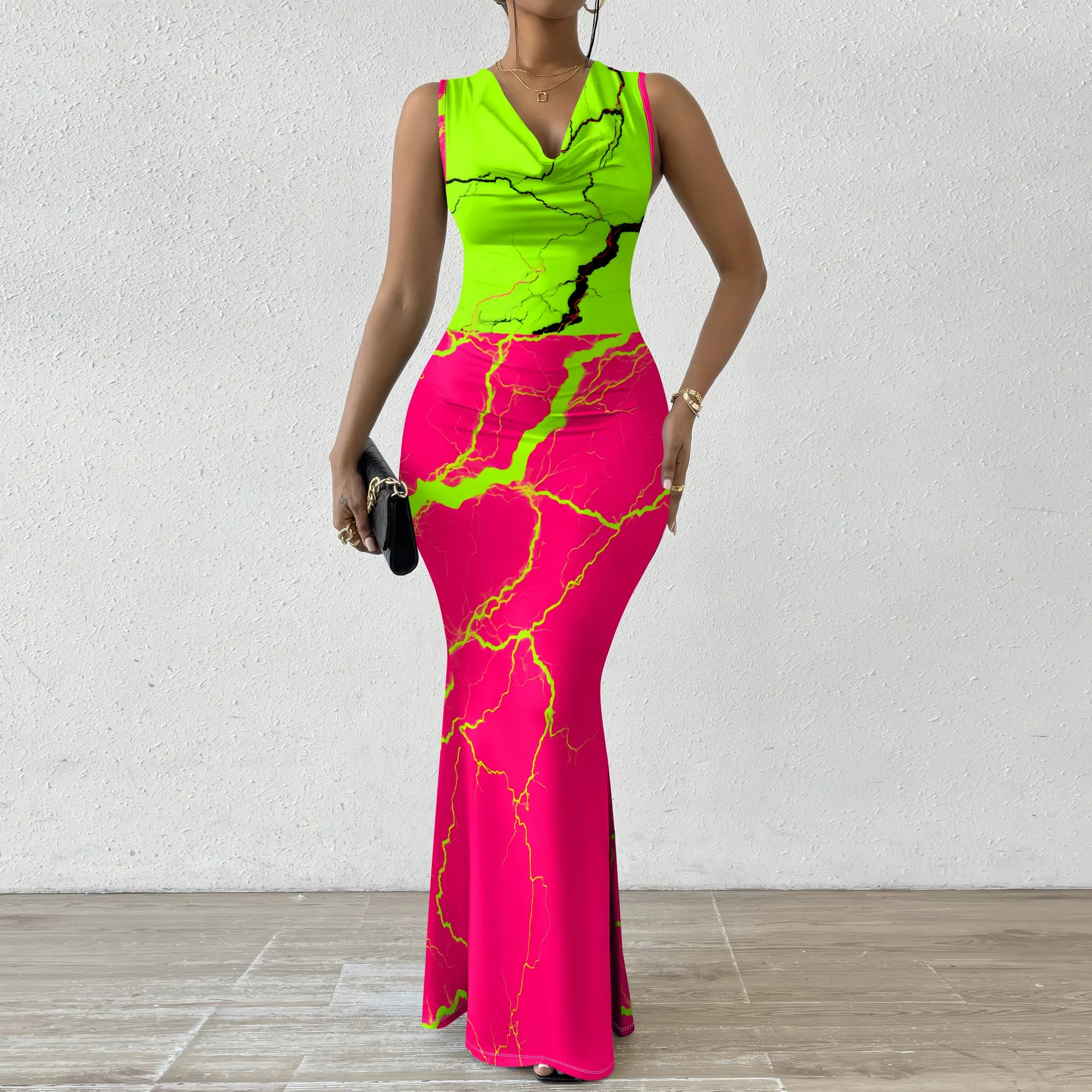

Women's Neon Lightning Print Maxi Dress V-Neck Bodycon High Split Party Dress XS-2XL