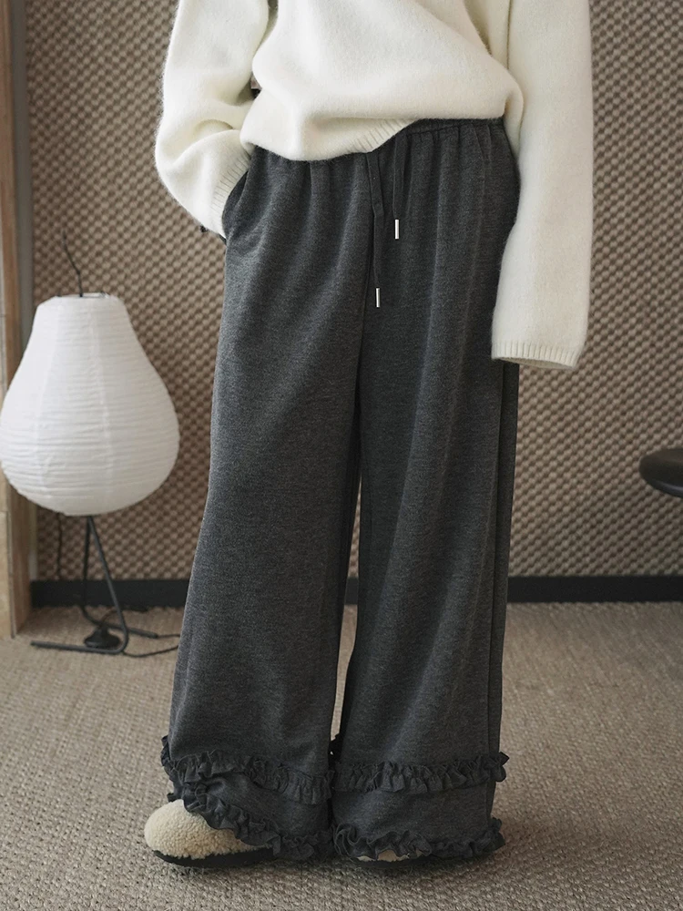 FANAN-pantalones Vintage de encaje empalmado para mujer, pantalones elásticos de cintura alta, rectos, de pierna ancha, ropa con cordón, novedad de invierno