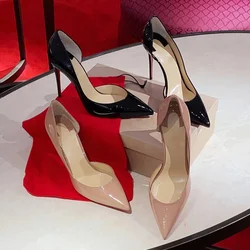 Lacquer leather side clearance 12cm black red sole high heels, super shallow mouth sexy pointed toe oversized single shoe
