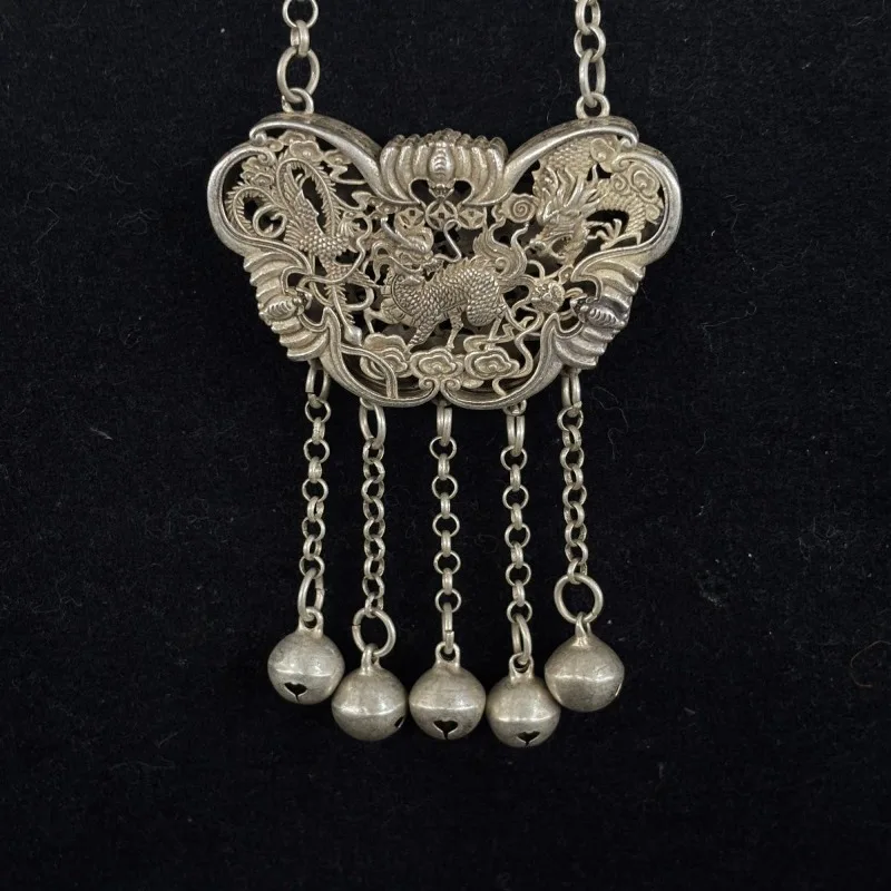 Vintage Carved Silver Plated Kirin Sending Child Hollow Miao Silver Lock, Antique Press Gown Collectible Ethnic Jewelry