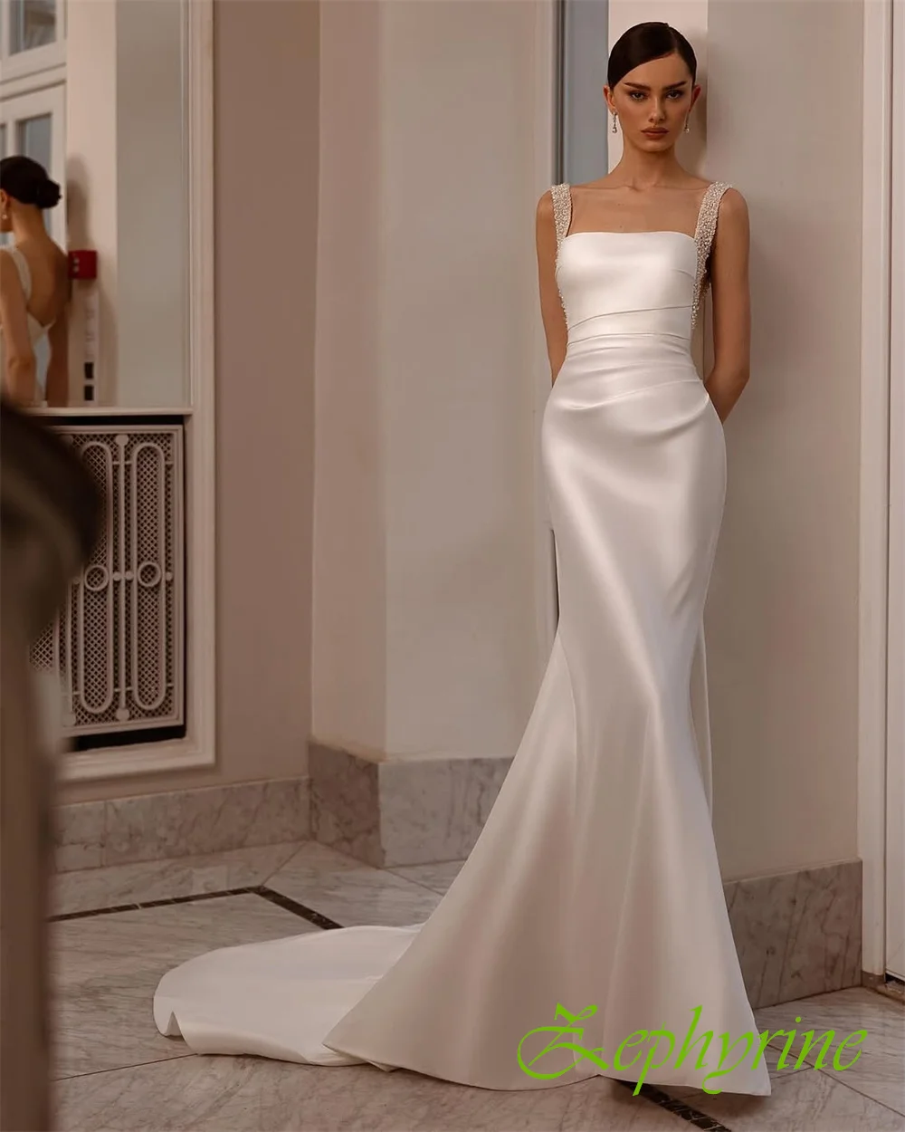 Customized Classic Satin Strapless Evening Dress Exquisite Mermaid Prom Dresses High Quality Pearls Special Occasion Gowns