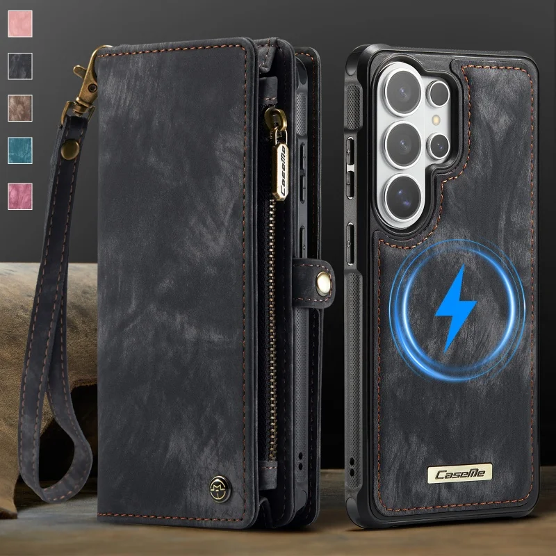 

Zipper Leather Wallet Phone Case for Samsung Galaxy S26 Ultra S25 Edge S25 FE Lanyard 2 In 1 Detachable Card Holder Cover Hoesje