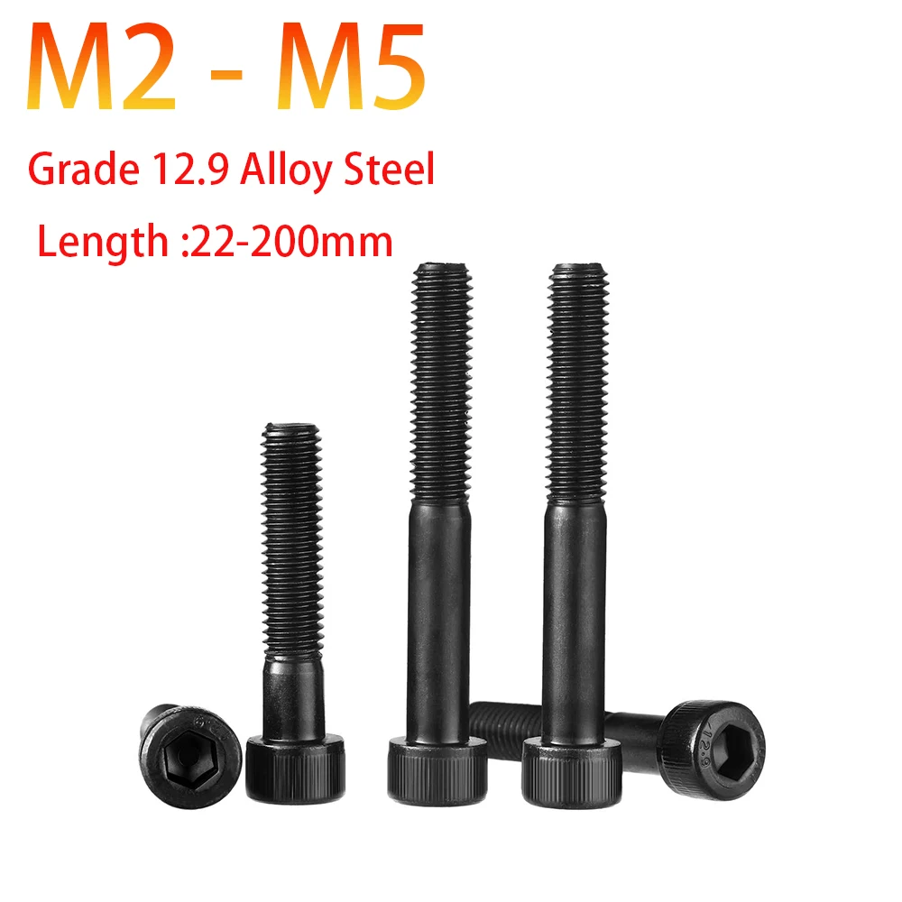 2-50pcs M2 M2.5 M3 M4 M5 Black Grade 12.9 Alloy Steel Half Thread Hexagon Hex Socket Head Cap Allen Bolt Screw L= 22/25/28-200mm
