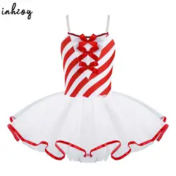 Kids Girls Sequins Striped Tutu Dance Dress Gymnastic Ballet Dancewear Figure Skating Dresses Christmas Party Candy Cane Costume