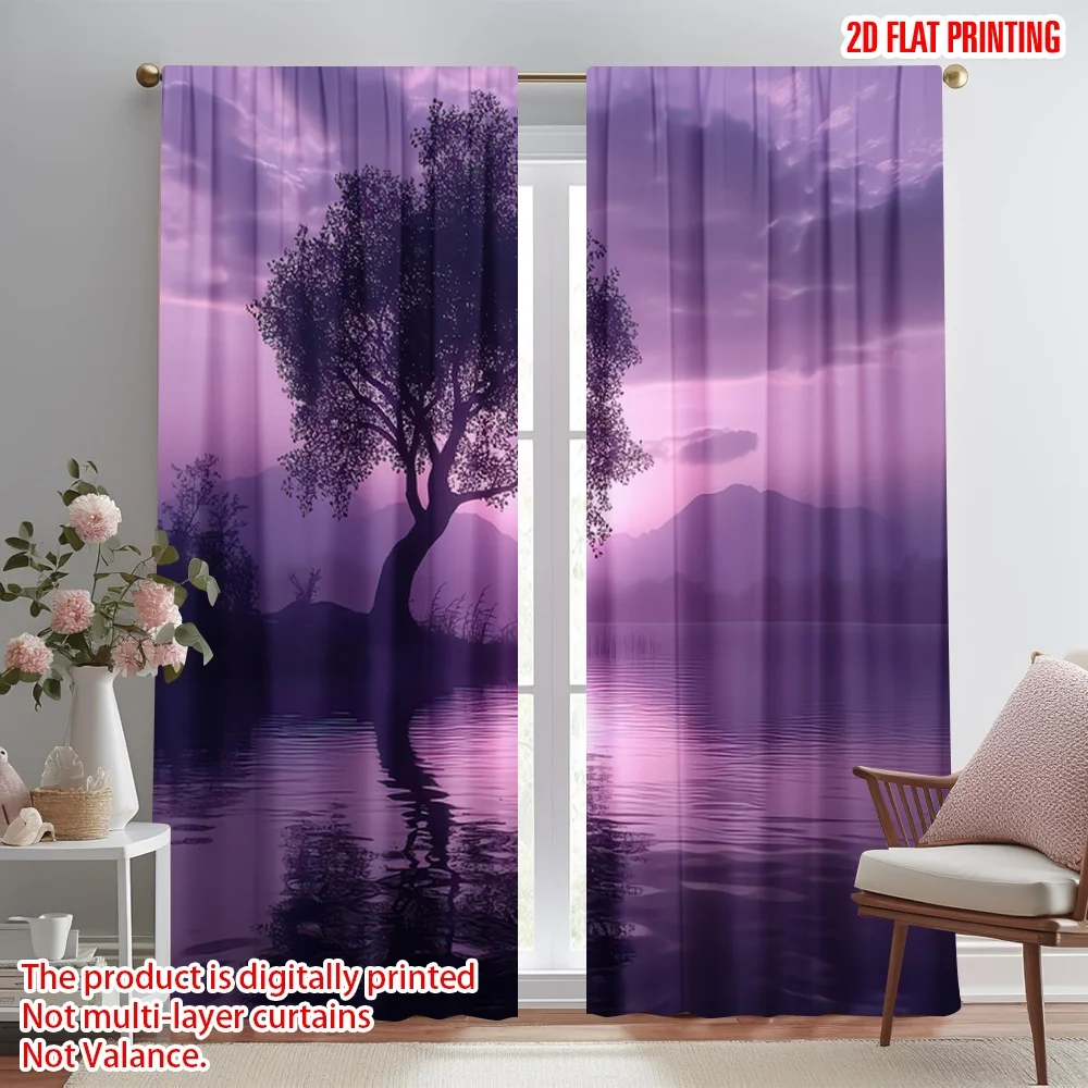 

2D flat printing 2pcs Window Curtains Purple Sunset Lake Digital Printed Polyester Drapes Birthday Party Perfect for All Season