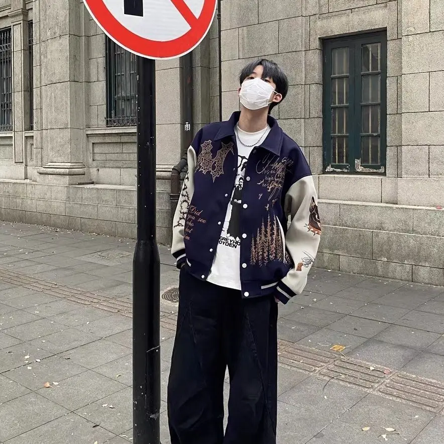 

Американская рабочая одежда в стиле ретро, мужская свободная бейсбольная жилетка для пар, тяжелая вышивка, зимняя верхняя одежда