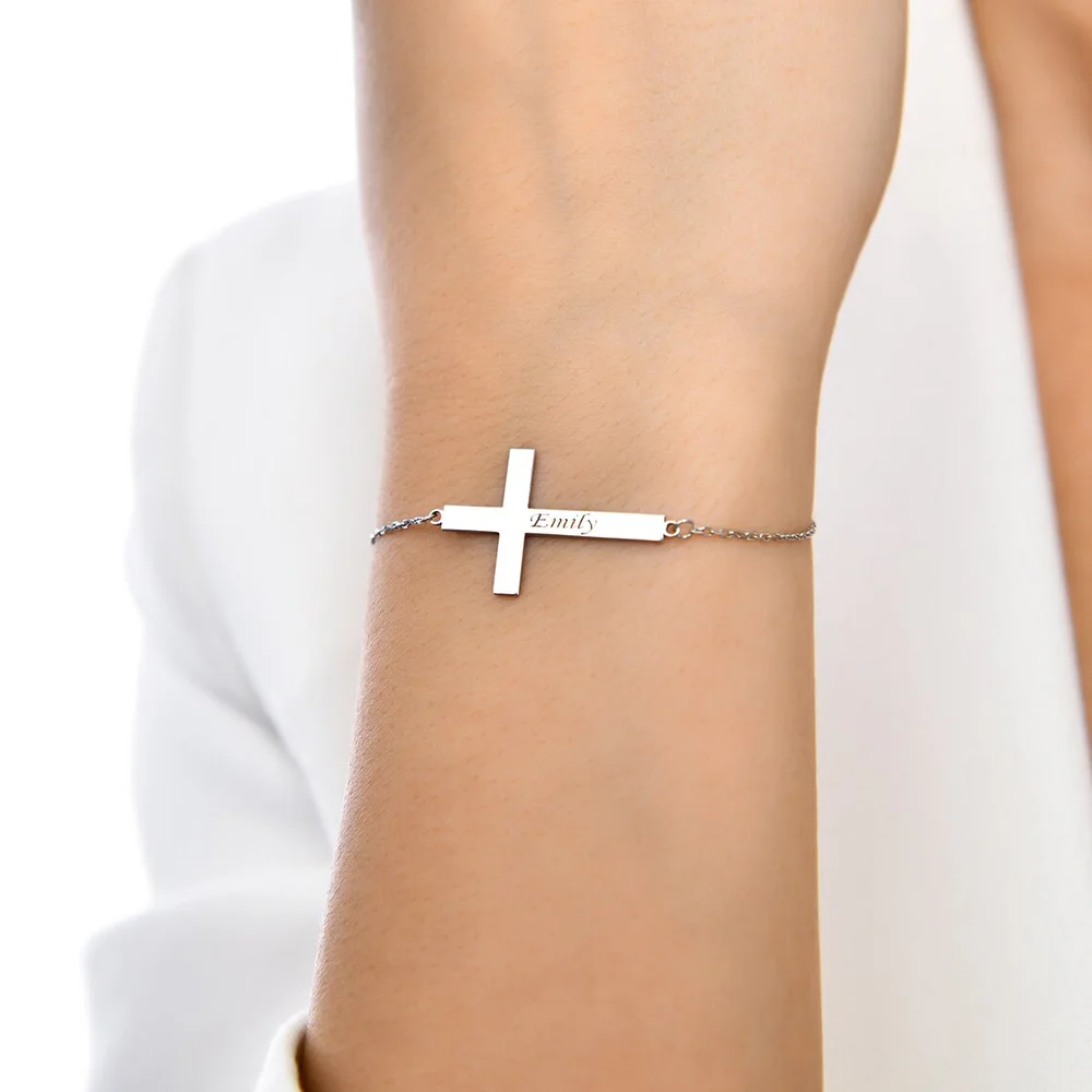 

Mirror Stainless steel Cross Bracelet with Laser Engraved Name, Fashionable and Simple
