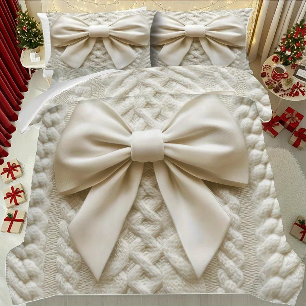 

Lifesmells 2/3pcs Bow Embellished Duvet Cover Set Elegant Cream Bed Cover Set Cozy Bedding Set Holiday Gift for Merry Christmas